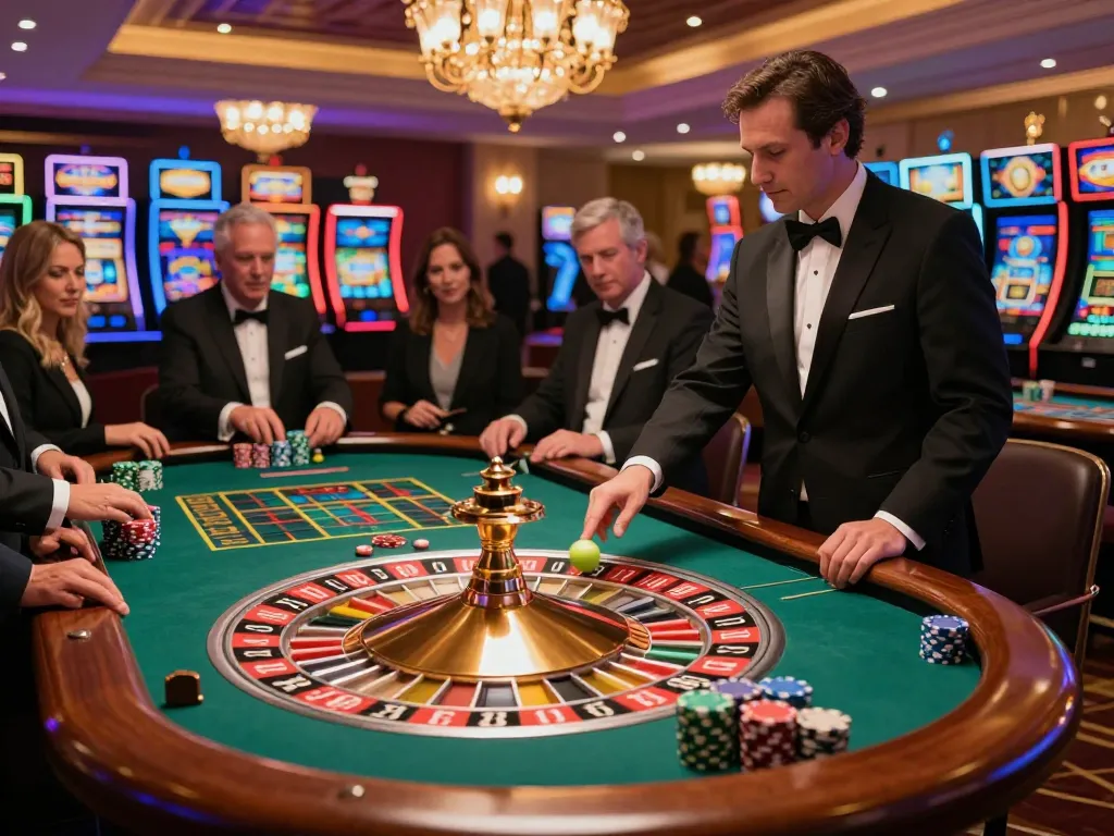 va88 roulette table in luxurious casino with players placing bets and dealer spinning wheel