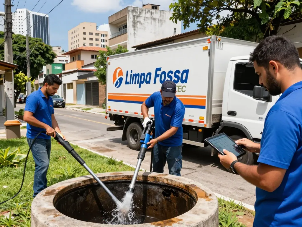 Efficient Limpa fossa em São Paulo service team cleaning a septic tank with advanced hydro jetting technology.