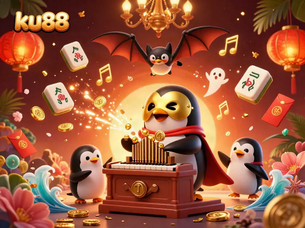 Experience the thrilling plays at ku88 with a vibrant fantasy scene featuring a penguin and bat acrobat amidst singing coins.