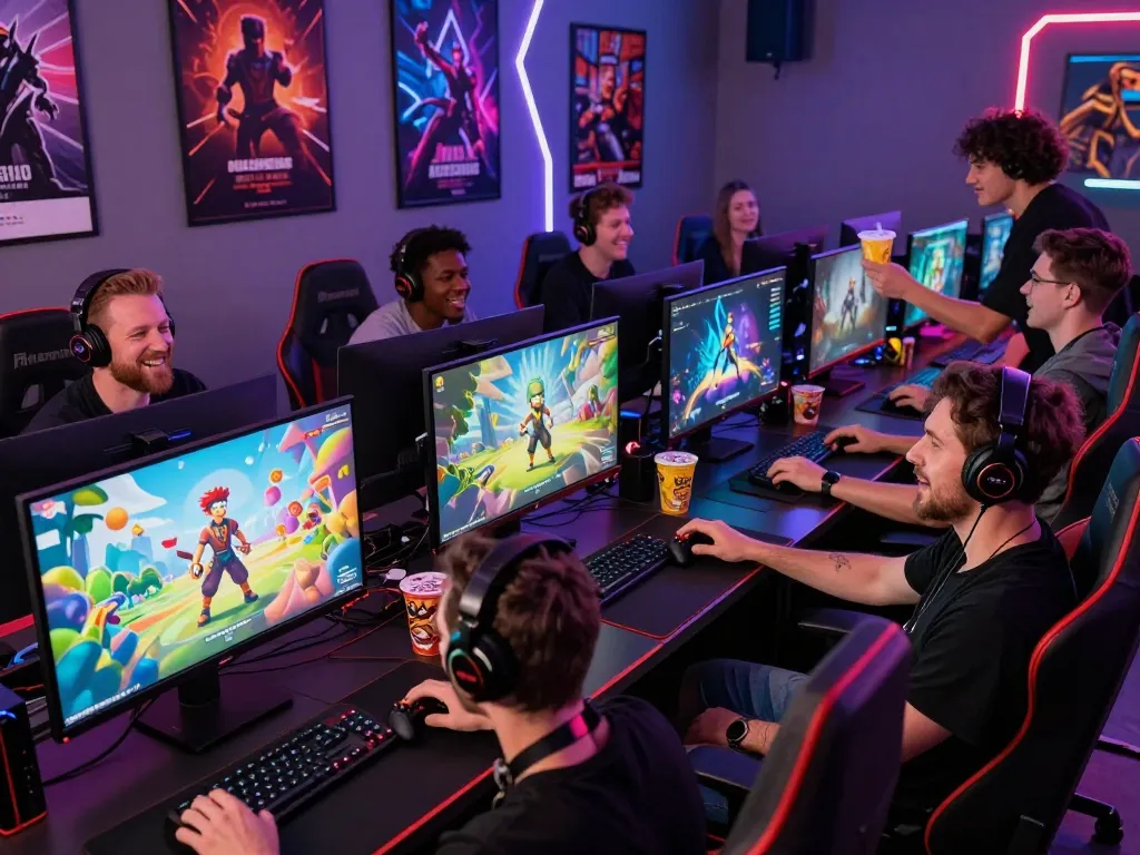 Group enjoying an adult game in a vibrant gaming setup, showcasing engaging screens and accessories.