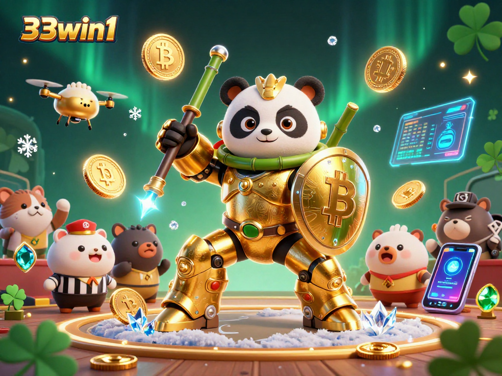 Join the fun at 33win1 with a vibrant 3D casino scene featuring a mech-suit panda amidst crypto coins!
