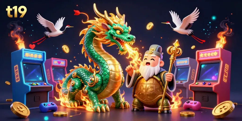Experience the thrilling gameplay at t19 with a majestic dragon, lucky cranes, and vibrant casino elements.