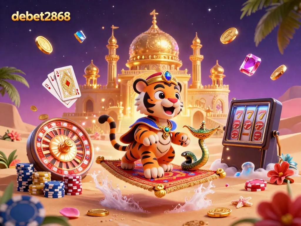 Experience the thrill of debet2868 with a vibrant 3D casino scene including a tiger sultan, poker chips, and dynamic game elements.