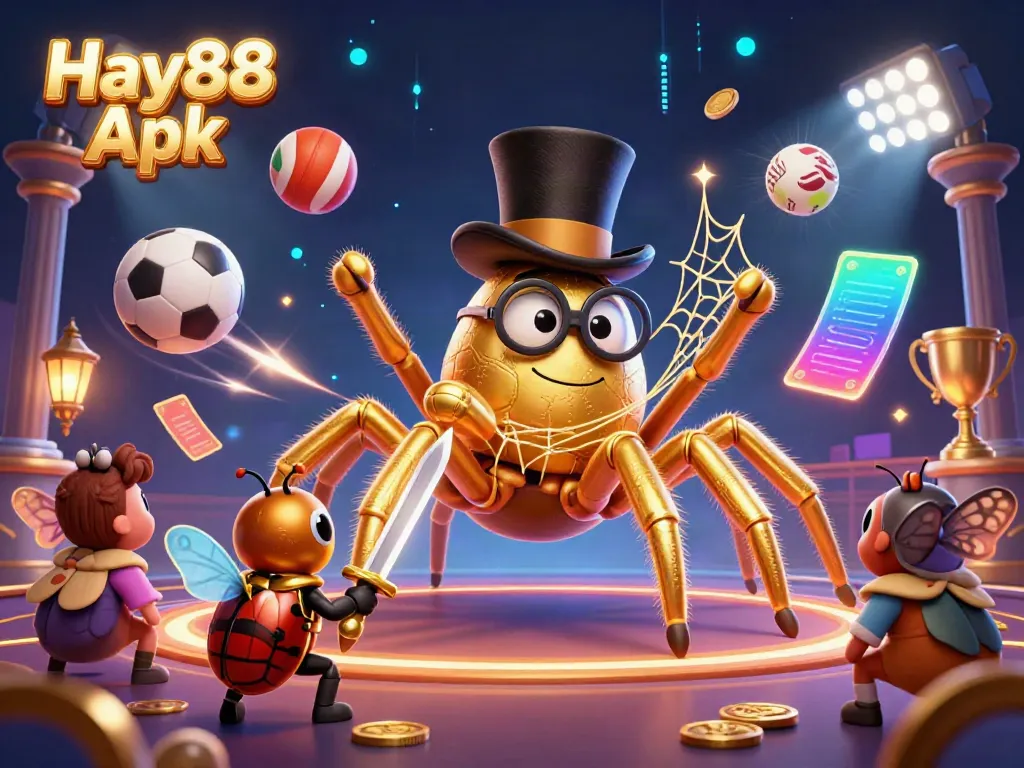 Join the exciting world of Hay88 Apk with a unique 3D illustration featuring a golden tarantula and sports elements.