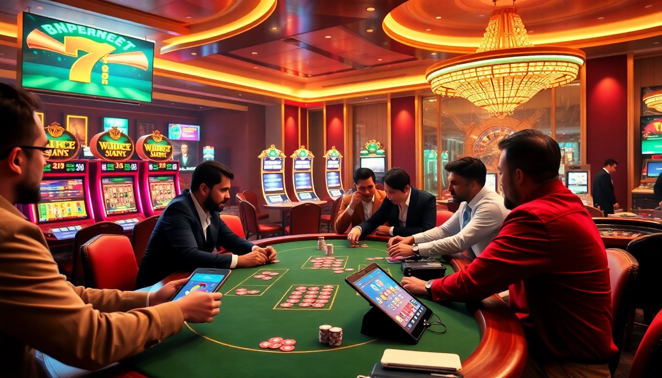 High-stakes poker action with players at 78win casino table surrounded by vibrant slot machines.