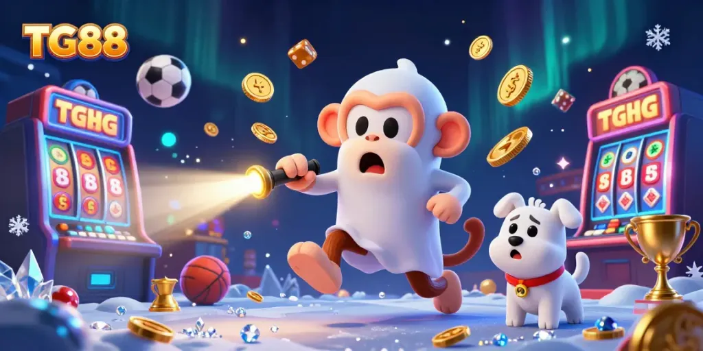 Experience the excitement of TG88 with a poltergeist monkey and ghost-hunter puppy in a lively casino scene.