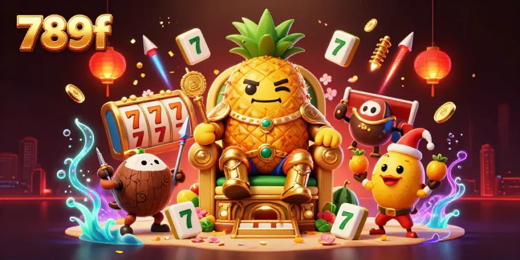 Experience the vibrant casino paradise with 789f's golden pineapple king and lively game elements.
