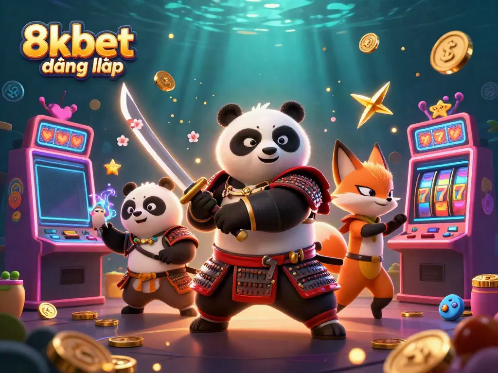 Engage with 8kbet đăng nhập through a dynamic illustration of characters amidst slot machines and golden elements.