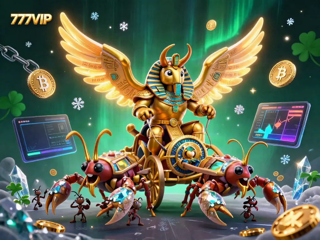 Experience the thrill of 777VIP with a vibrant 3D illustration of a colossal golden beetle and cryptographic elements.
