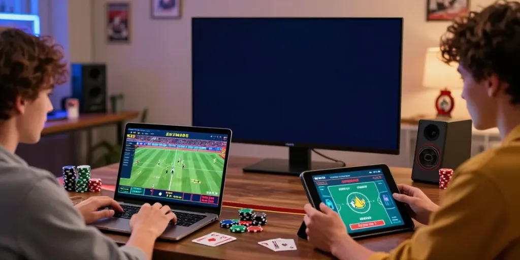 Engaged friends enjoying diverse gaming experience on SKY88 platform with vibrant ambiance.