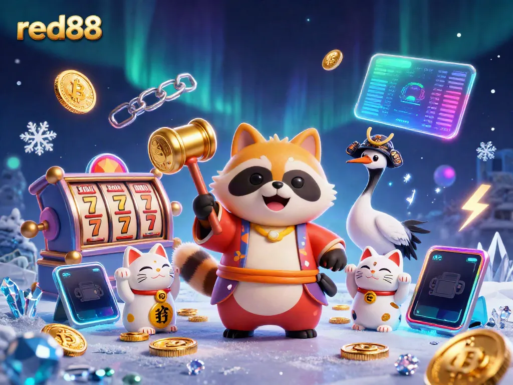 Engage in winning slots at red88 with a vibrant scene featuring a lucky tanuki and fortune cats.