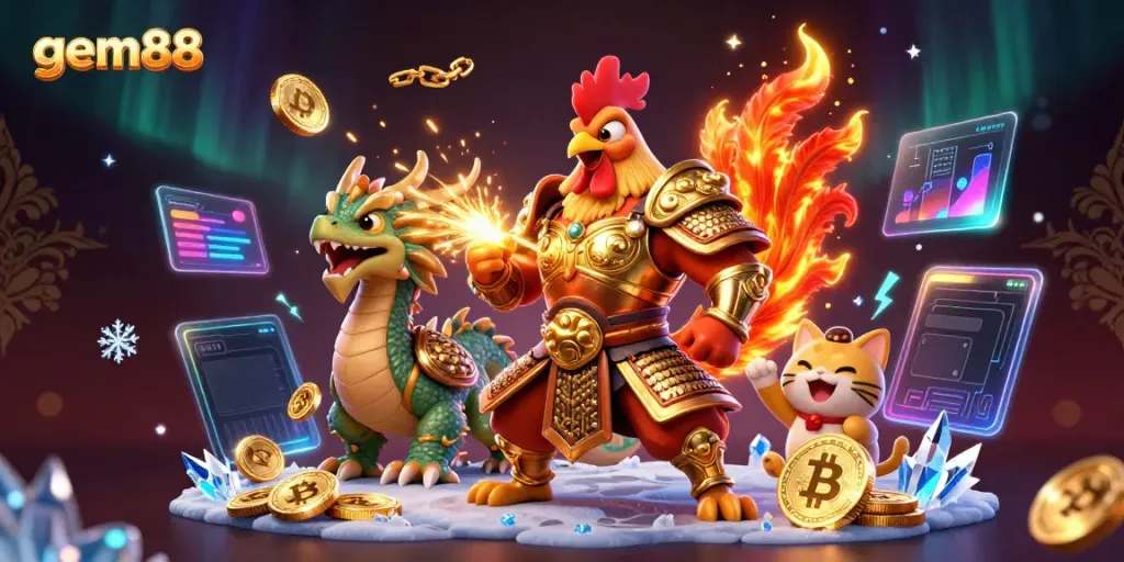 Experience thrilling action with gem88's vibrant 3D casino characters; a fighting rooster and dragon, surrounded by crypto elements.