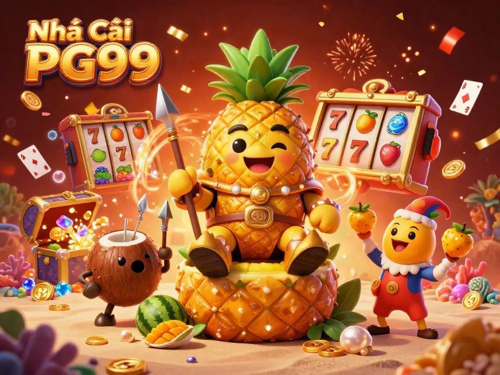 Witness the vibrant energy of Nhà Cái PG99's casino realm, featuring the golden pineapple king and interactive gaming elements.