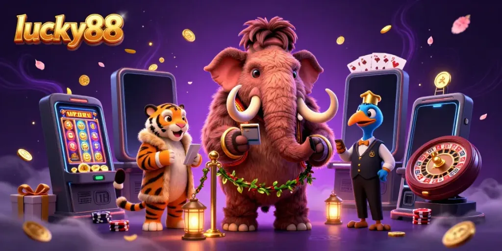 Join the lucky88 casino scene with a woolly mammoth bouncer, VIP saber-tooth guest, and vibrant gaming elements.