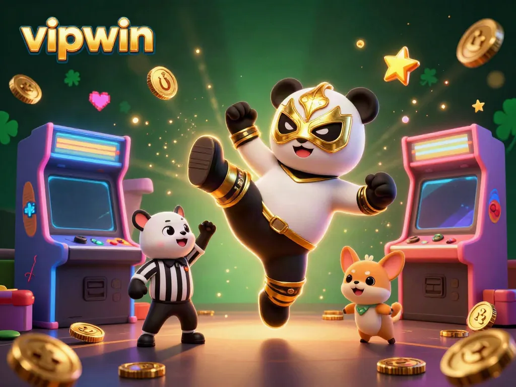 Experience thrilling action with vipwin featuring a panda wrestler kicking while tiny animals cheer, amidst colorful arcade machines.