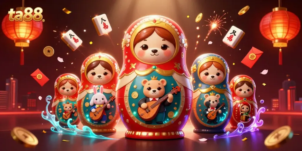 Experience the excitement at ta88 with an engaging casino-themed 3D illustration showcasing dynamic characters and elements.