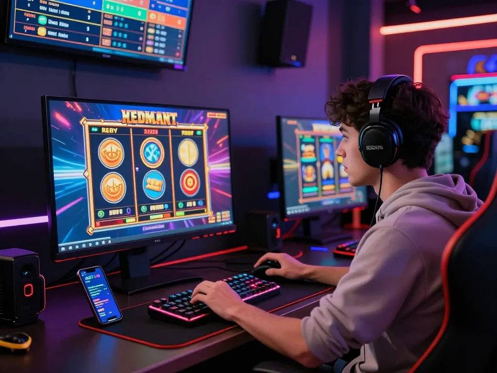 A player engaging with AQ777 online casino games in a vibrant gaming setup.