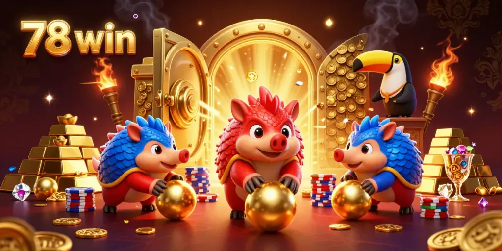 Experience the excitement of 78 win as pangolins roll through golden poker chips in this vibrant casino scene.