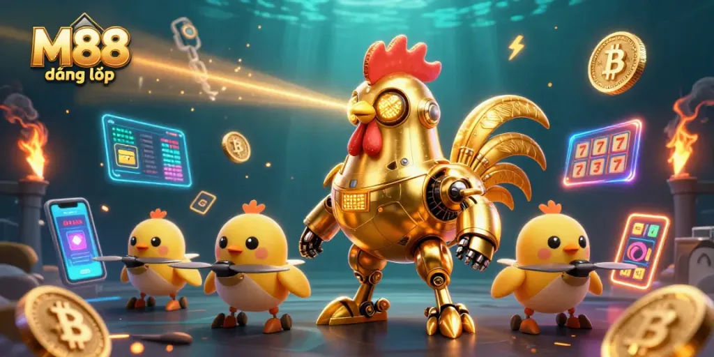 Engage in thrilling casino action with M88 đăng nhập through vibrant 3D illustration showcasing futuristic characters and crypto elements.