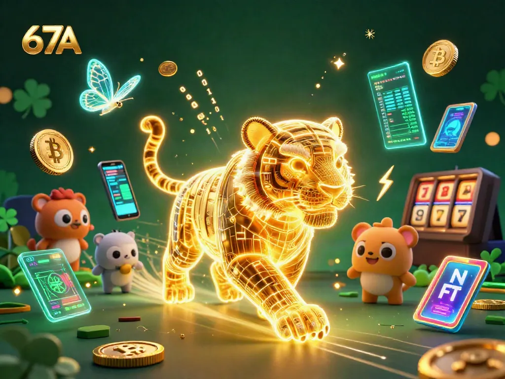 Unleash wins with 67A at the digital casino featuring neon golden tiger and vibrant slots.