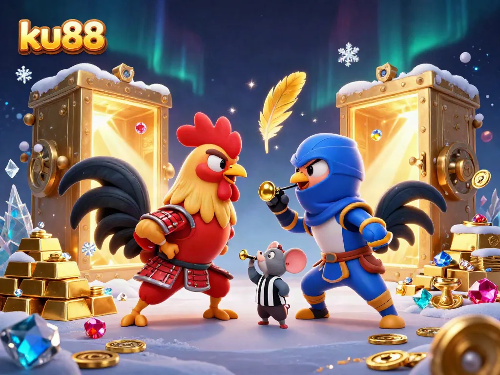 Engage in thrilling action with ku88 as roosters battle in an electrifying arena, showcasing vibrant gems and treasures.