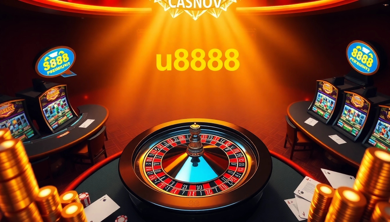 Exciting online gambling experience at u8888 with vibrant slot machines and roulette tables.