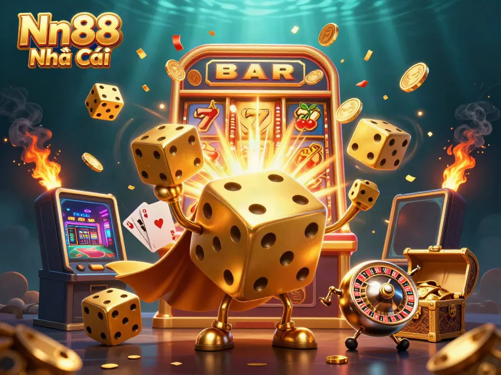 Nn88 Nhà Cái features a vibrant scene with golden dice, a slot machine jackpot, and casino elements.