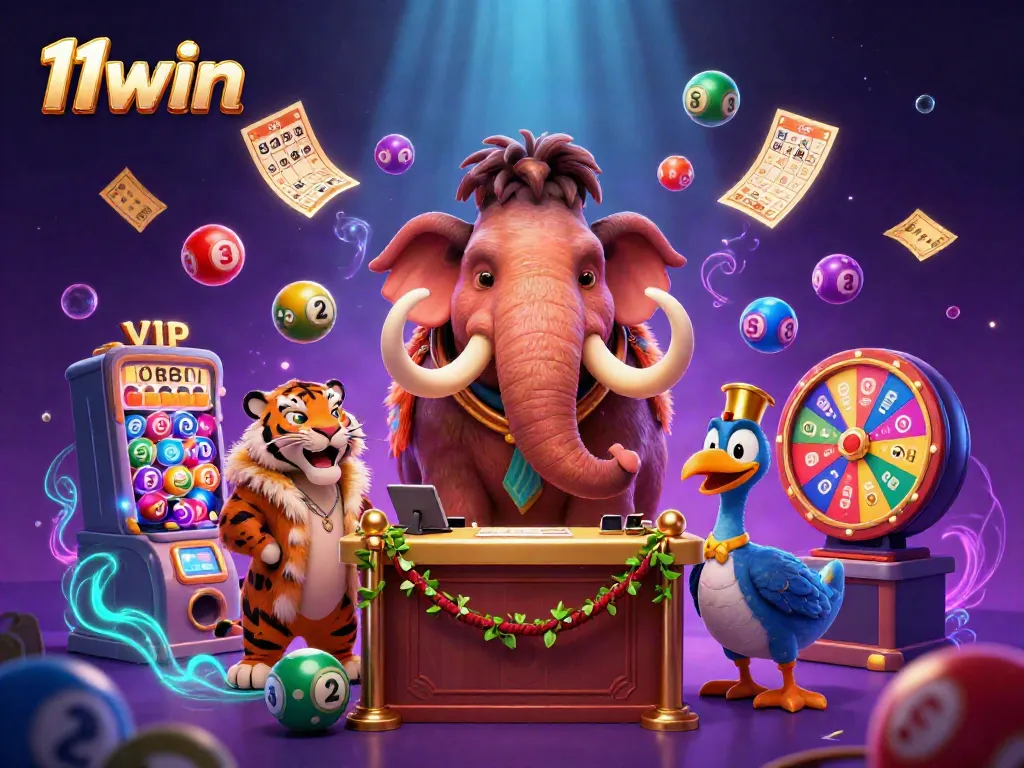 Experience the vibrant allure of 11win with dynamic elements of lottery balls and VIP characters in this captivating casino scene.