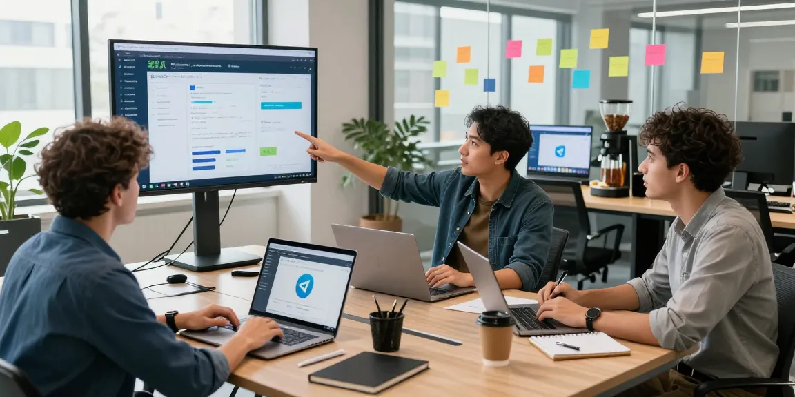 Group of tech professionals collaborating on Telegram Web Version in a modern office setting with laptops and visual aids.