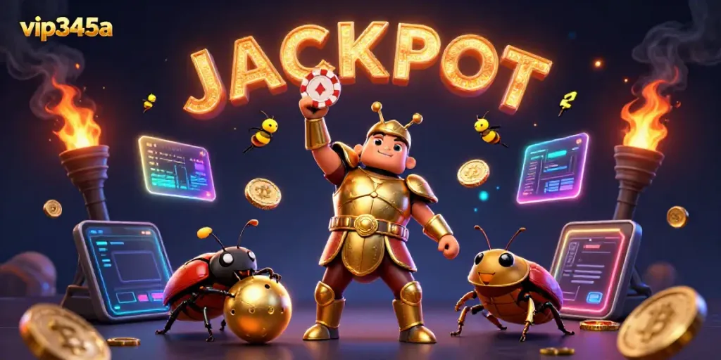 Win big with vip345a, featuring animated beetles celebrating a jackpot in a vibrant, casino-themed digital art scene.