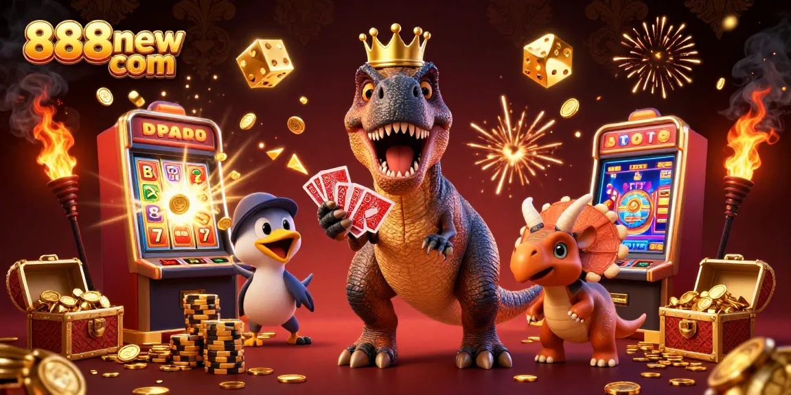 Experience thrilling gameplay at 888new com with a vibrant 3D illustration of casino fun featuring dinosaurs and dynamic jackpots.