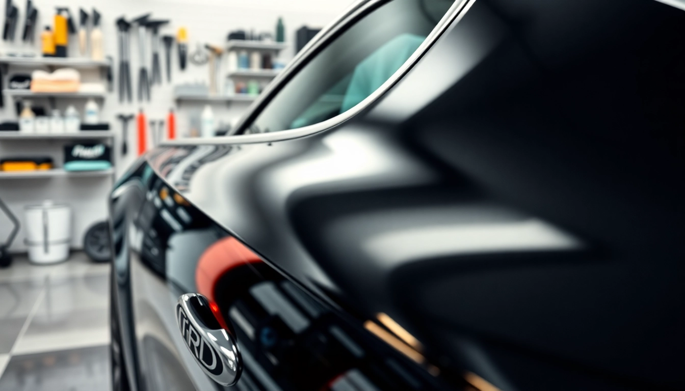 Apply paint protection film near me for a gleaming vehicle finish in a car detailing setting.